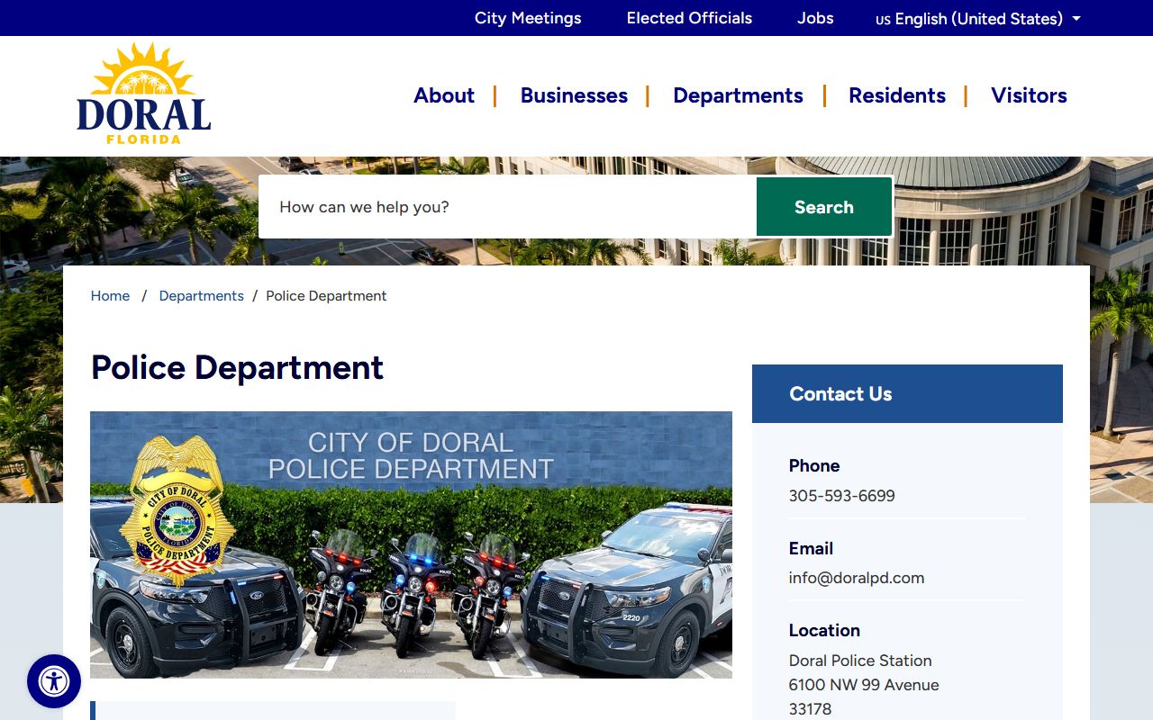Doral Police Department website homepage for police records