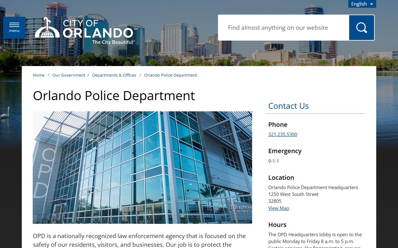 Orlando Police Department website homepage and contact information