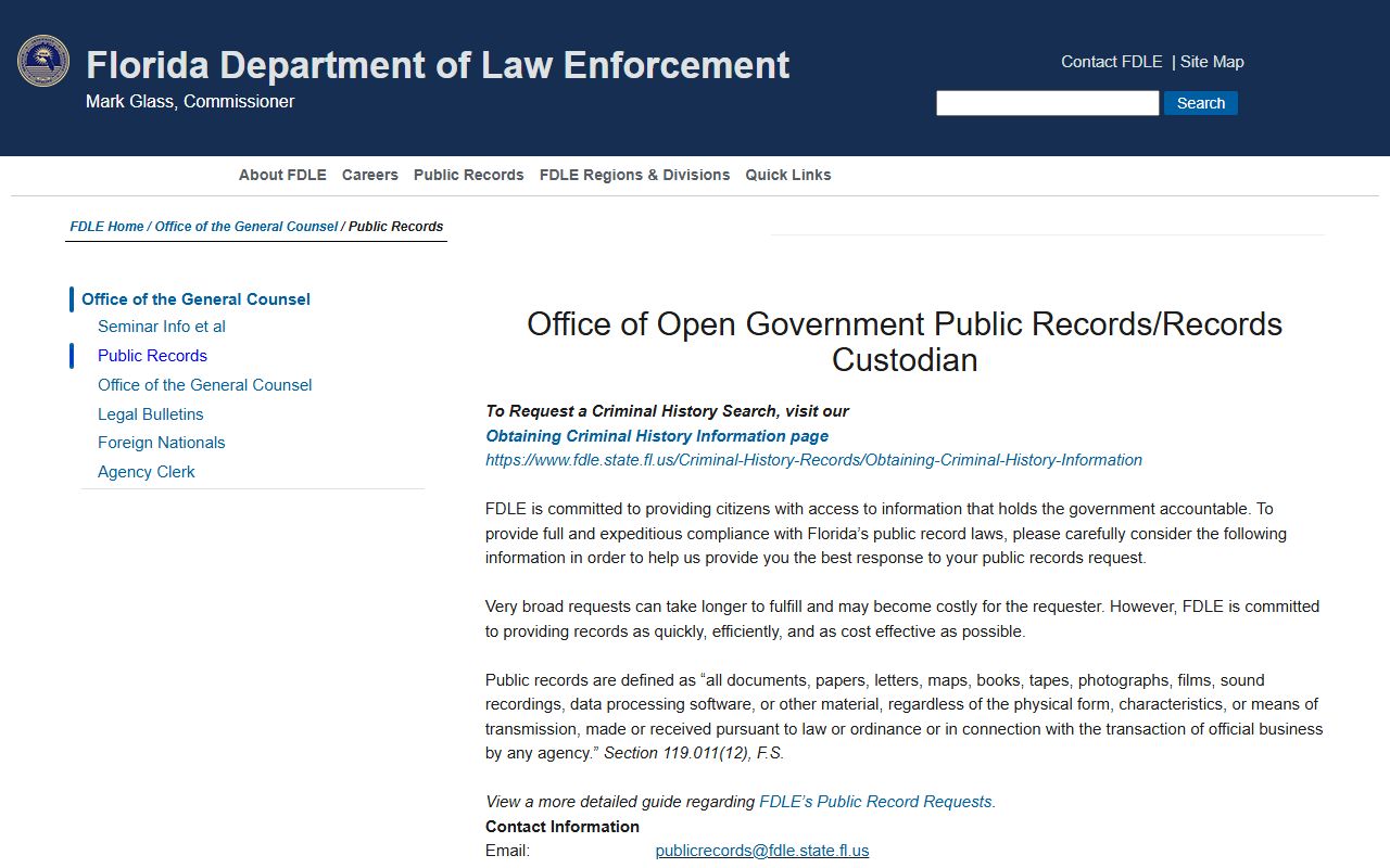 FDLE public records contact page