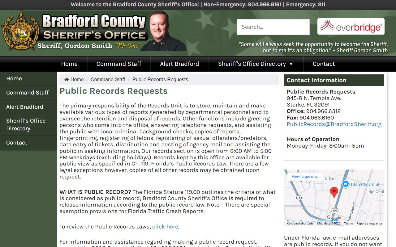 Bradford County Sheriff public records request page