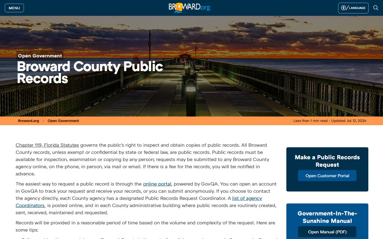 Broward County public records request page