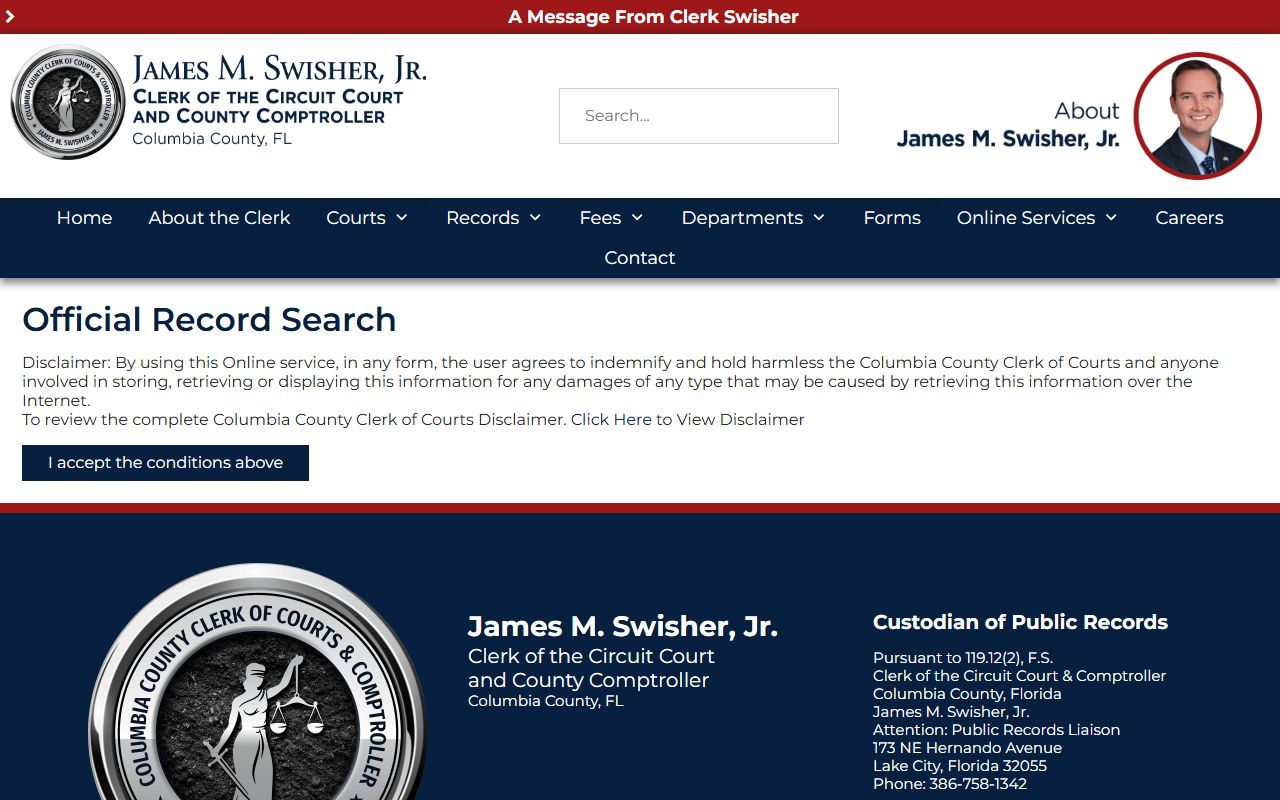 Columbia County Clerk of Court official records search page