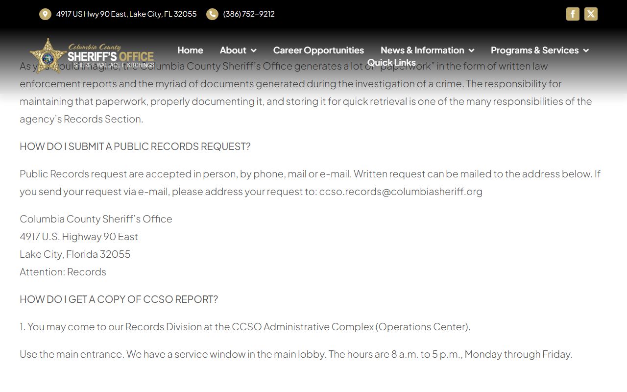 Columbia County Sheriff public records request instructions