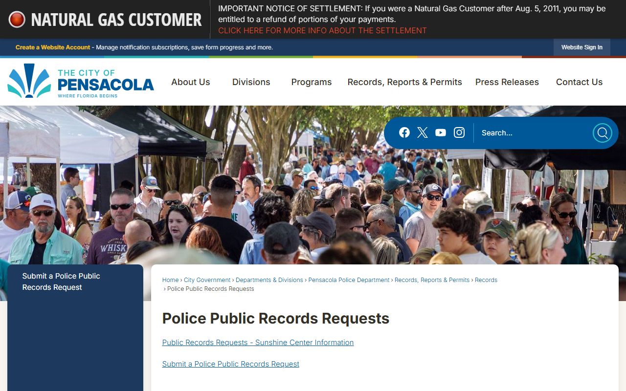 Pensacola Police Department public records request page