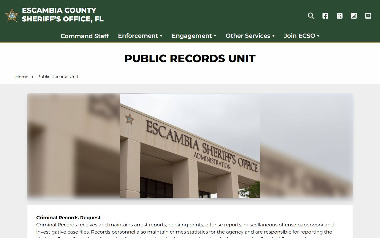 Escambia County Sheriff Public Records Unit page
