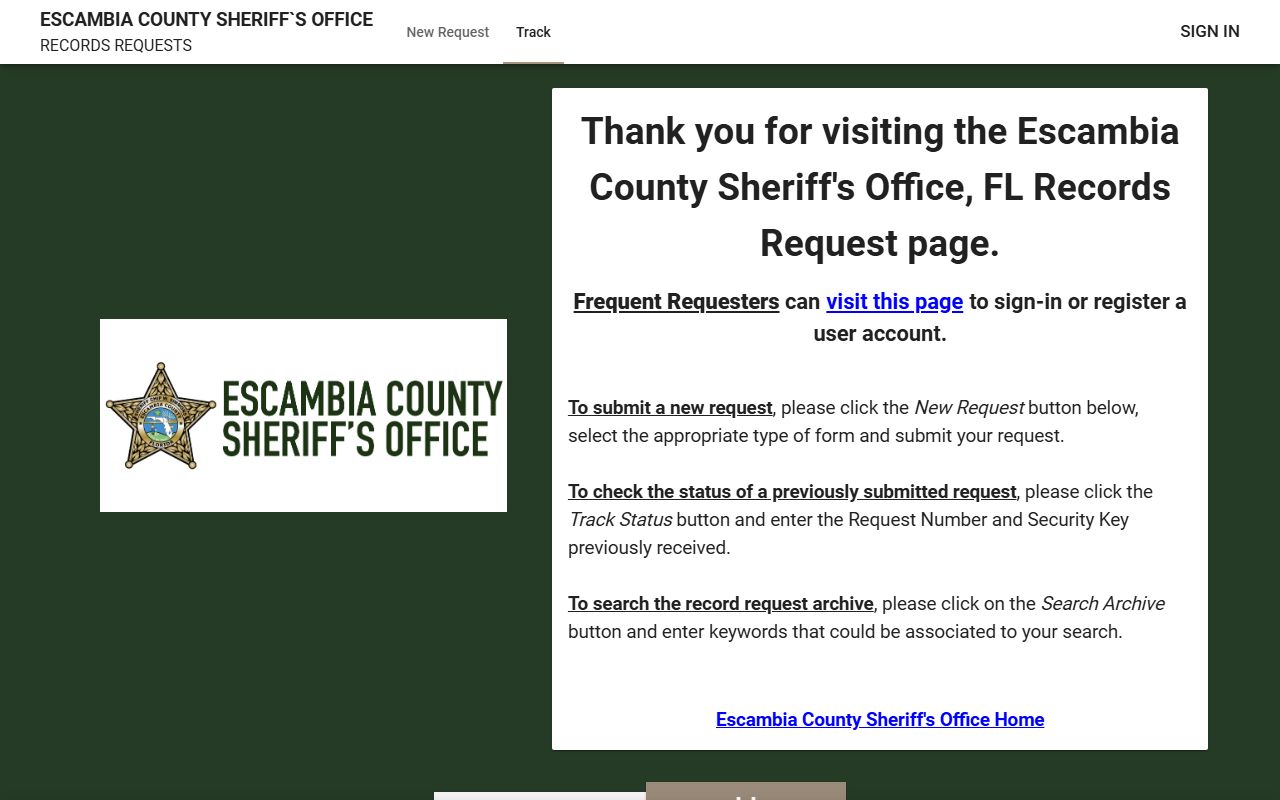 Escambia County Sheriff online records portal homepage