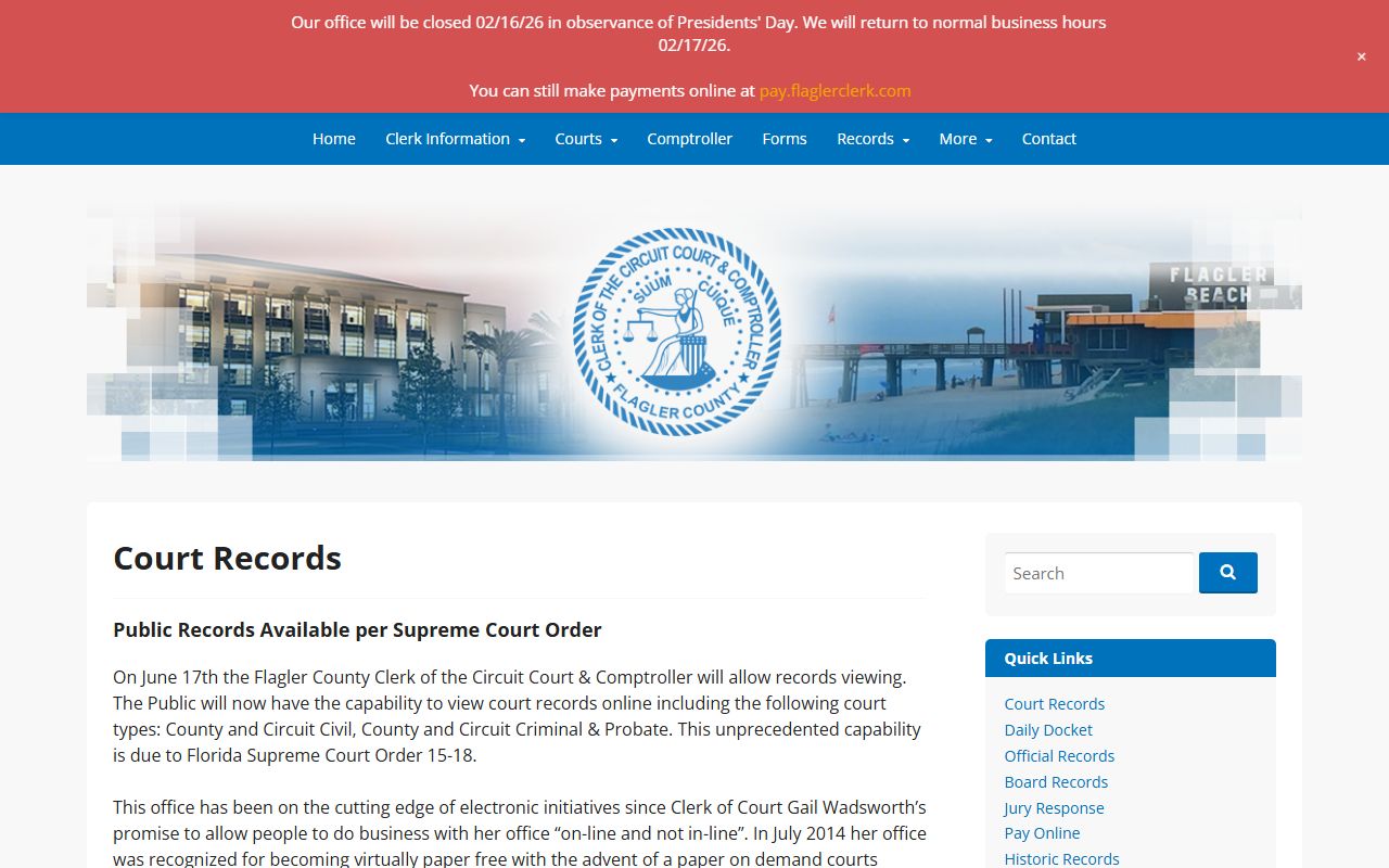 Flagler County Clerk of Court records search page
