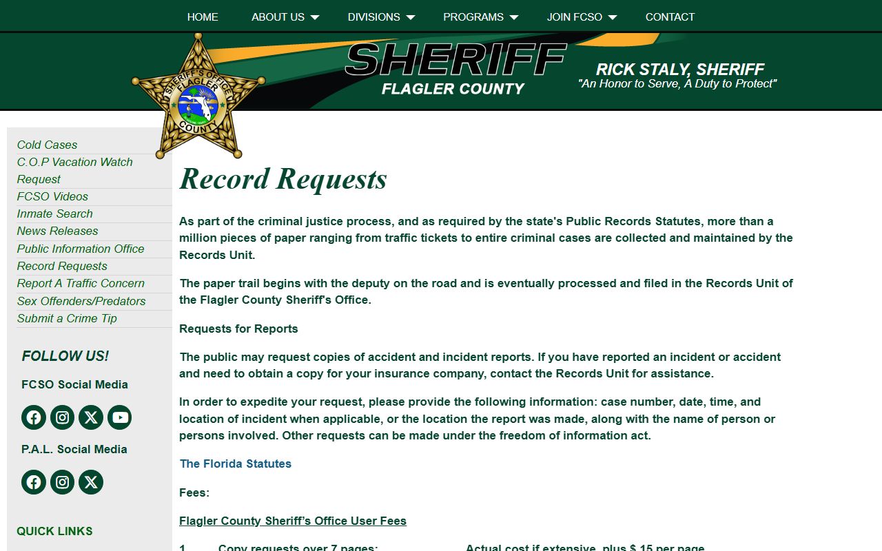 Flagler County Sheriff records information page