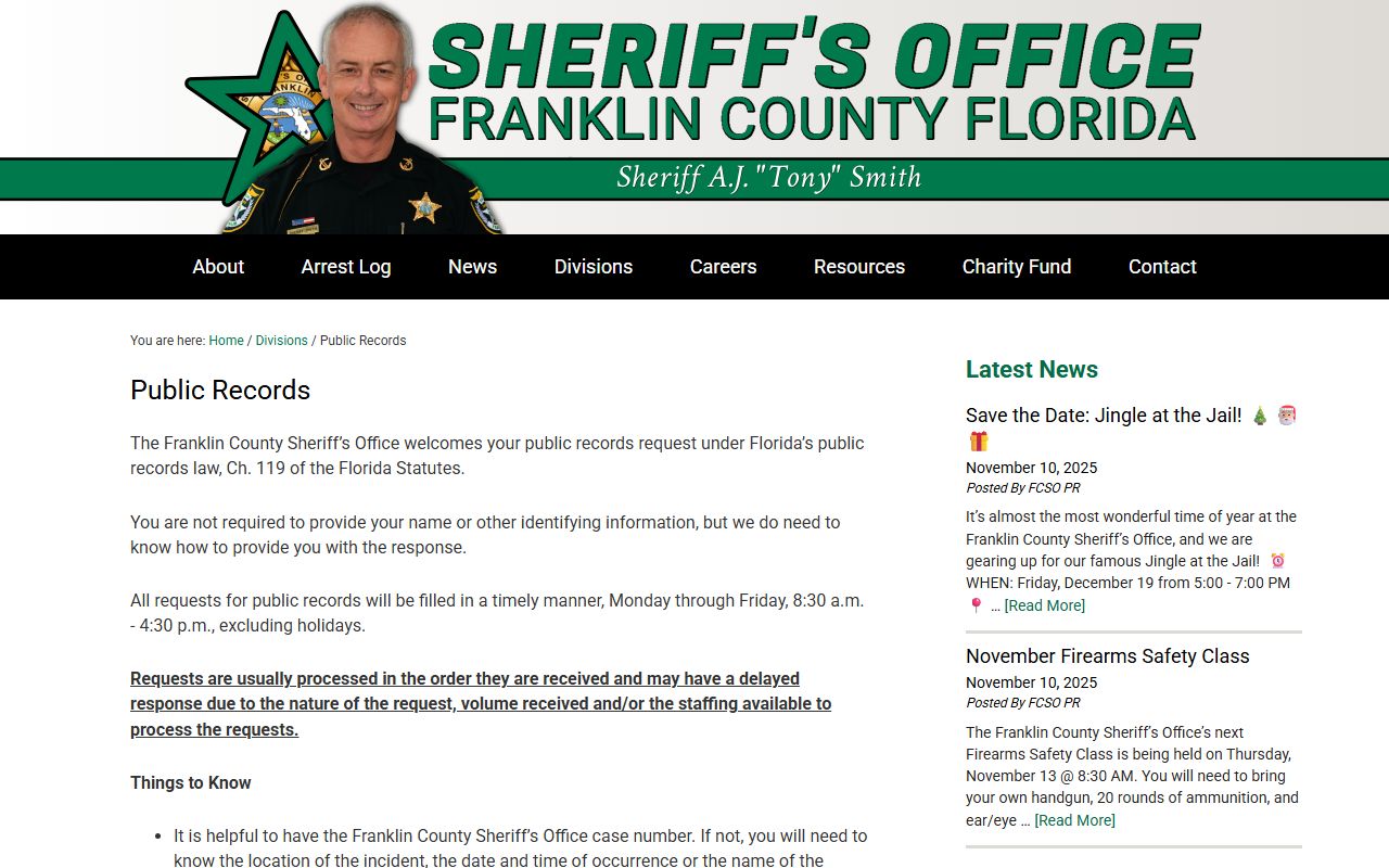 Franklin County Sheriff Public Records Division page