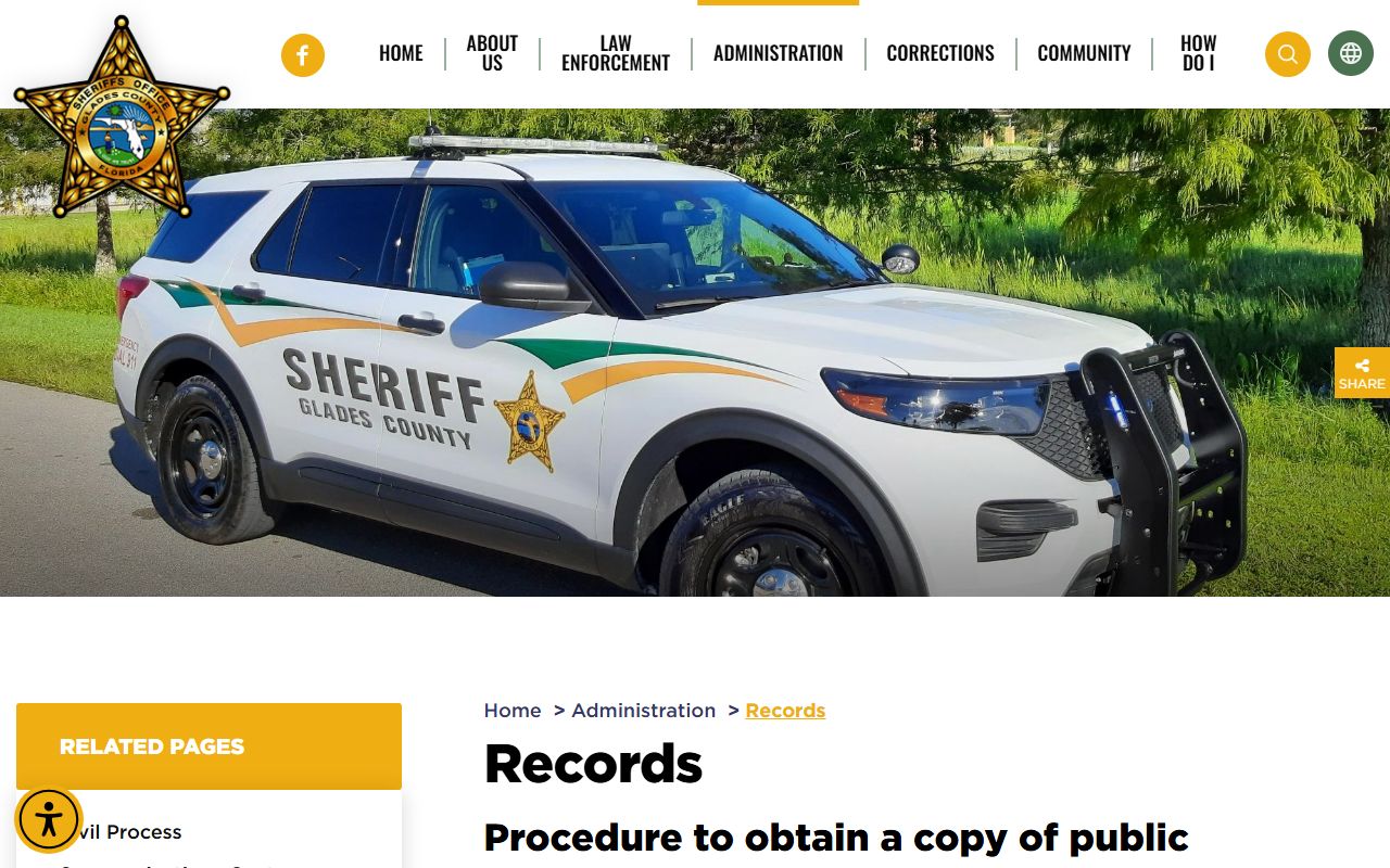 Glades County Sheriff Records Division page