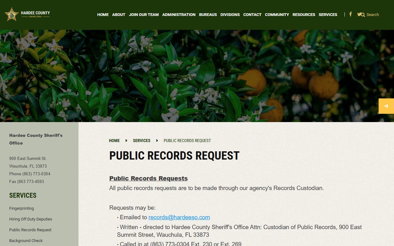 Hardee County Sheriff public records request page