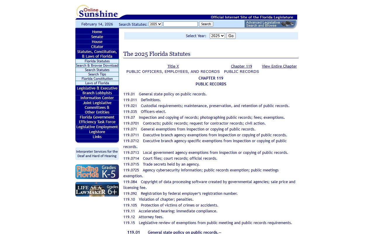 Chapter 119 Florida Statutes public records law text