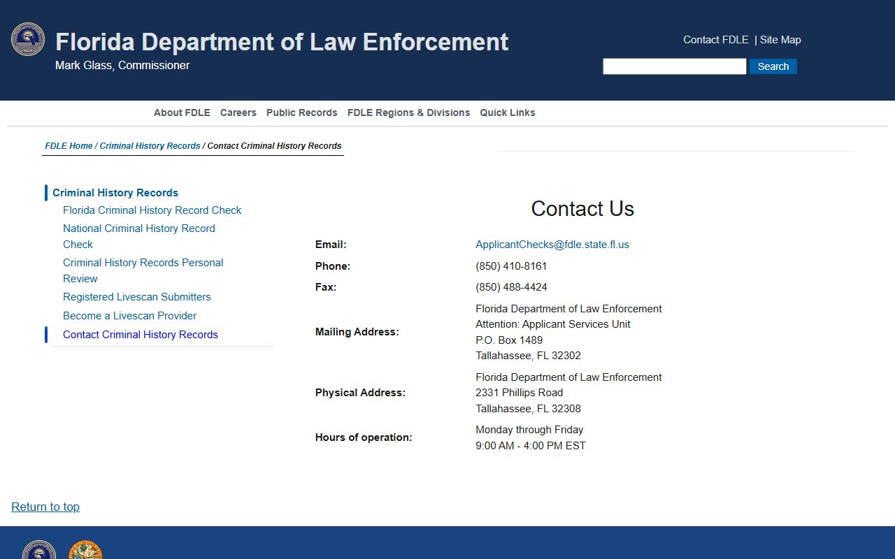 FDLE criminal history records contact information page